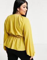 Thumbnail for your product : ASOS Curve ASOS DESIGN Curve satin batwing sleeve top with tie front in mustard