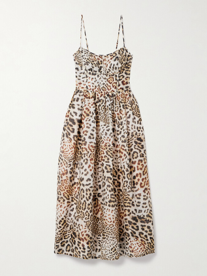 Cara Cara Alba Gathered Leopard-print Linen And Silk-blend Organza Midi Dress - Animal print