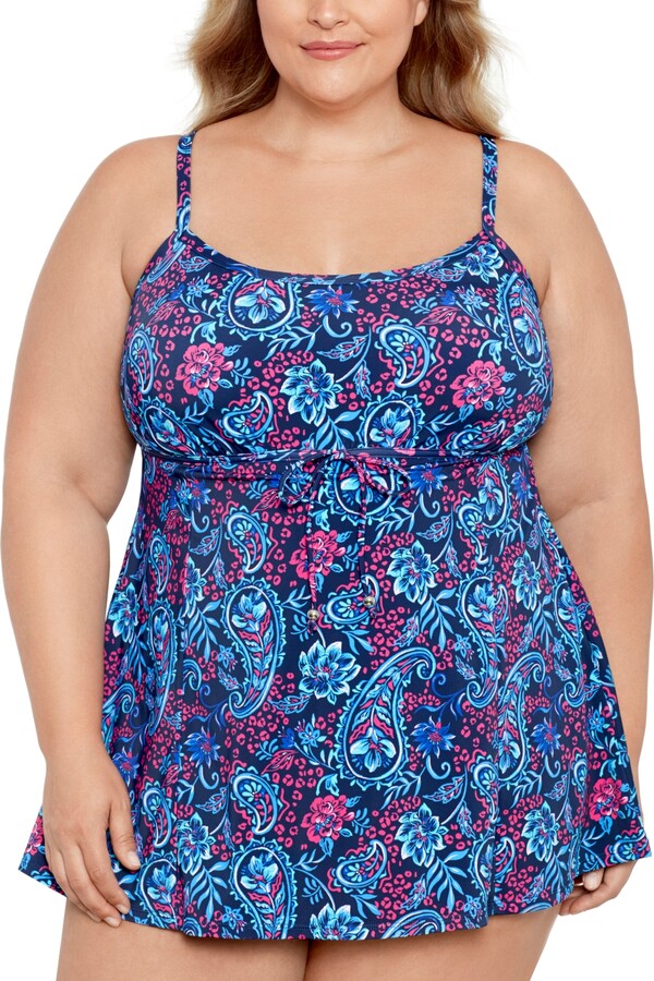Swim Solutions Plus Size Tummy Control Printed Tie-Waist Swim Dress ...