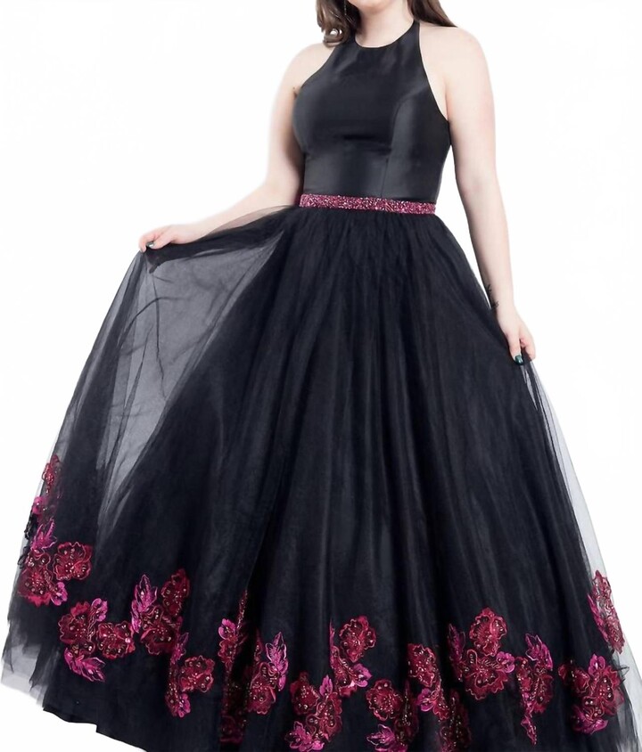 RACHEL ALLAN Floral Embroidered Tulle Gown In Black