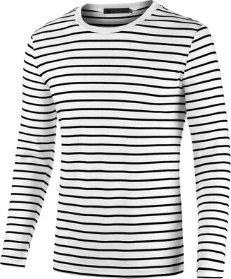 Sourcingmap Men's Striped T Shirt Crew Neck Long Sleeve Casual Cotton  Pullover Tee Top Black and White S - ShopStyle