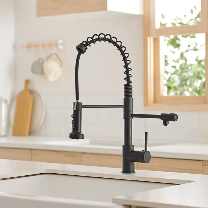 FLG Double Handle Kitchen Sink Faucet With Pull Down Sprayer Single Hole Commercial Spring Modern Sink Tap in Matte Black
