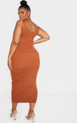 PrettyLittleThing Plus Rust Knitted V Neck Midaxi Dress