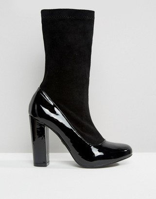 Daisy Street Black Patent Sock Heeled Ankle Boots