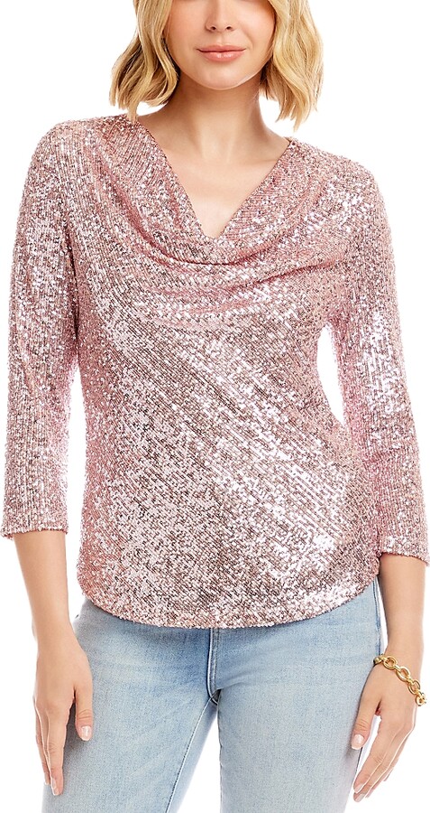 Karen Kane Three Quarter Sleeve Drape Front Sequin Top