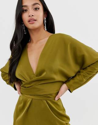 ASOS Petite DESIGN Petite midi dress with batwing sleeve and wrap waist in satin
