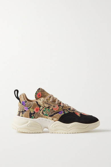 adidas Supercourt Suede-trimmed Floral-print Snake-effect Leather Sneakers  - Snake print - ShopStyle