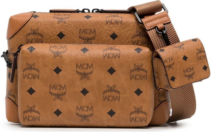 Authentic MCM Visetos Cognac Monogram Heart Plaque Backpack 