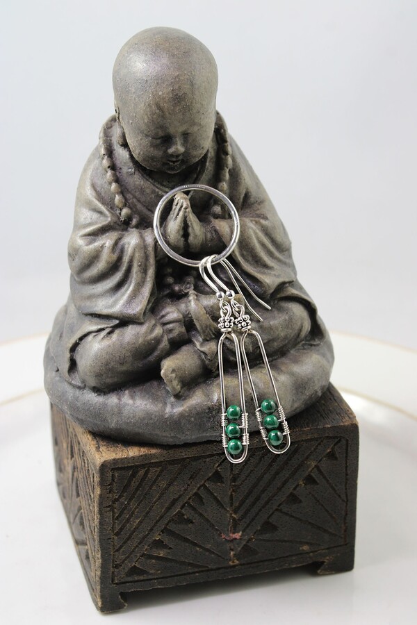 Sterling Silvler Malachite Long Chandelier Earrings, Green Stone Gemstone Modern Yoga, Lightweight Earrings