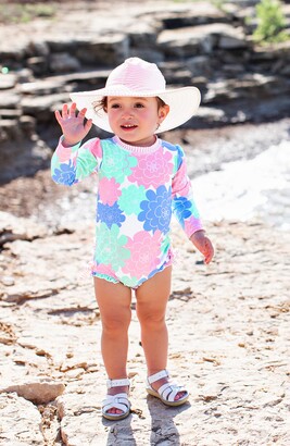 RuffleButts Pastels One-Piece Rashguard Swimsuit & Floppy Hat Set
