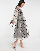 Thumbnail for your product : Lost Ink midi dress in spot organza overlay with off shoulder detail