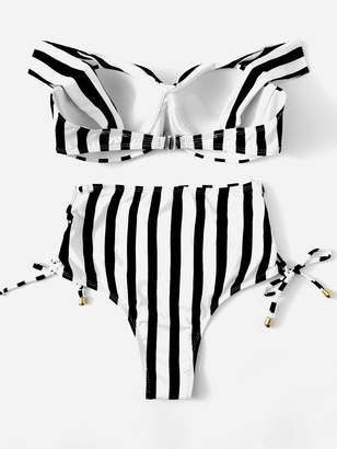 Shein Striped Underwire Top With Lace Up Bikini Set