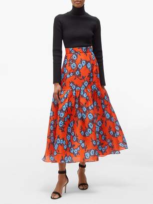 Carolina Herrera Floral-print Gathered Silk-gazar Mid Skirt - Womens - Orange Multi