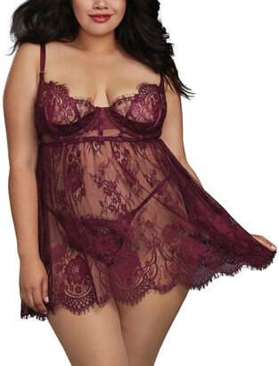 Dreamgirl Women's Plus Size Eyelash Lace Babydoll Lingerie with