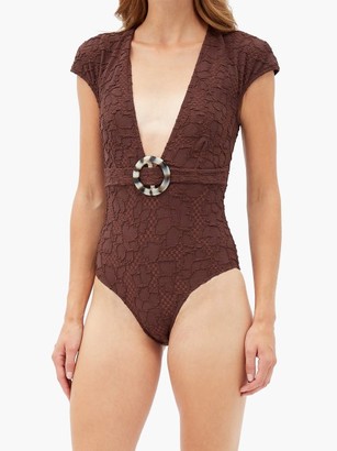 Dodo Bar Or Esterika Cap-sleeve Floral-cloque Swimsuit - Dark Brown