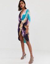 asos design satin kimono midi dress with knot front and asymmetric sleeve