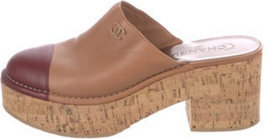 Chanel Beige Quilted Leather CC Wooden Platform Clogs Size 38