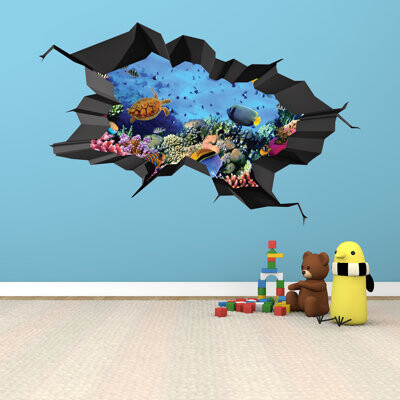 East Urban Home Coral Reef Life 3D Wall Decal, Ocean Deep Sea Fish Wall Sticker, Breakthrough Wall Graphic, Turtle Room Decor, Shark Wall Art, Vinyl Mural (Medium 36"