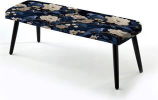 Cobalt Chinoiserie Garden Victorian Pattern - Floral Upholstered Black Bench