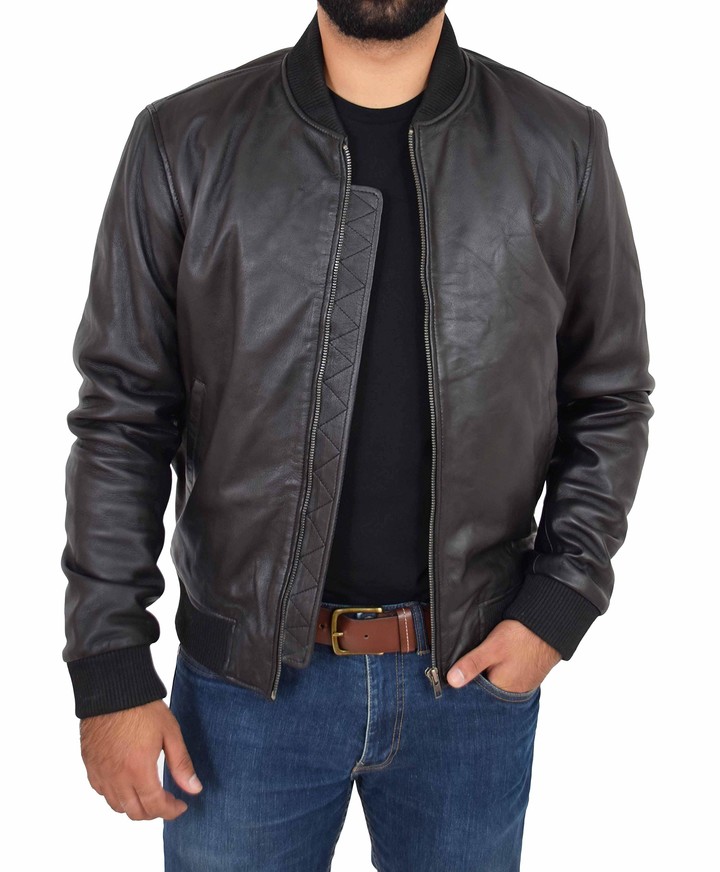 Mens Soft Leather MA-1 Bomber Jacket Slim Fit Varsity Style Ryan Dark Brown
