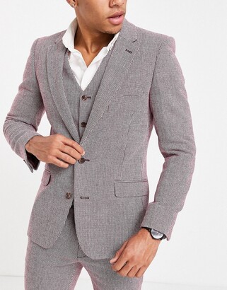 ASOS DESIGN wedding super skinny wool mix suit jacket in burgundy puppytooth