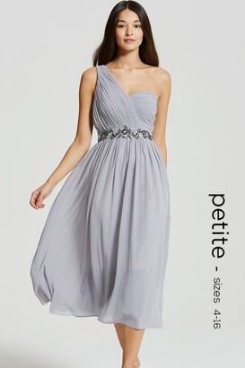 Little Mistress Petite Grey One Shoulder Embellished Prom Dress