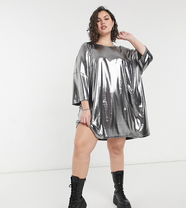 ASOS DESIGN Curve oversized t-shirt dress in silver metallic - ShopStyle