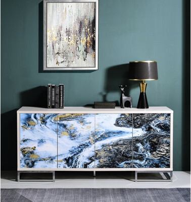 Kivaritio Blue Marble Console Cabinet - Elegant Design With , White-Washed Oak Finish, Sufficient Storage, 4 Doors & 2 Shelves, Synthetic Wood Paint Feet Stylis