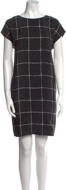 Vince Silk Shift Dress Black Plaid Print Short Sleeve with Bateau Neckline Concealed Zip Closure at Back