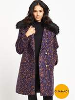 Thumbnail for your product : Lost Ink Leopard Jacquard Faux Fur Collar Coat - Brown