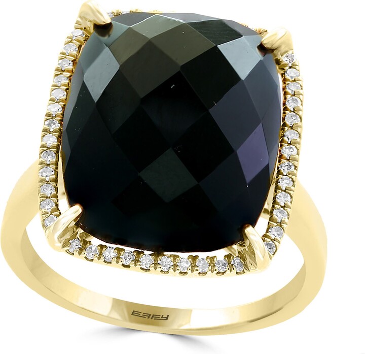 Effy 14K Yellow Gold Onyx & Diamond Halo Ring