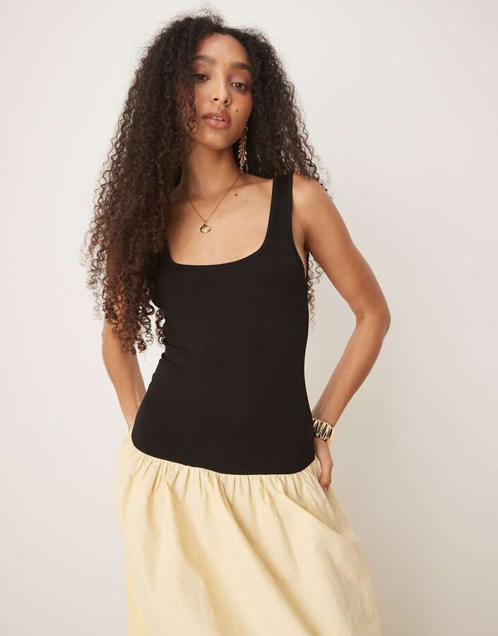 ASOS DESIGN contrast poplin mix square neck maxi dress in buttermilk