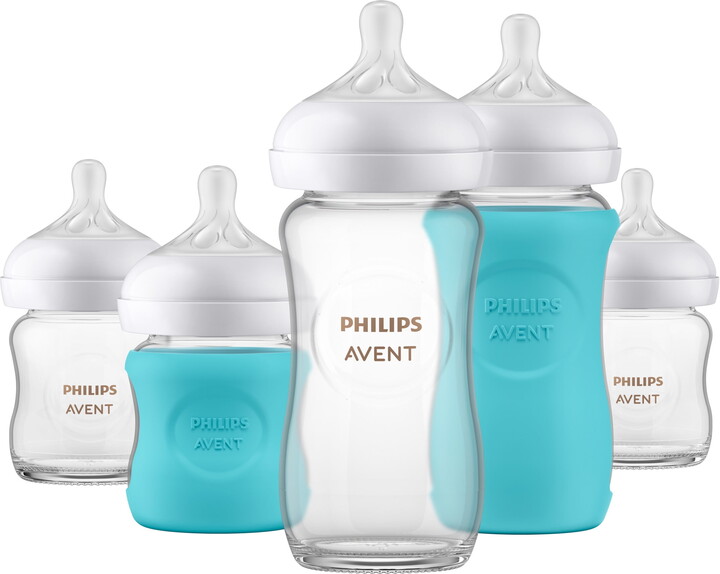 Philips Natural Newborn Glass Gift Set, Baby Bottles with Natural Response Nipples, 3X 4oz (Slow Flow, Flow 2) and 2X 8oz (Medium Flow, Flow 3), 2X Silicone Sleeves, SCD858/01