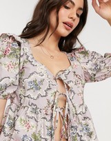 Thumbnail for your product : Neon Rose milkmaid top with puff sleeves and tie front in vintage floral print