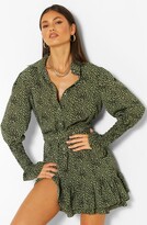 Thumbnail for your product : boohoo Spot Print Frill Hem Belted Shirt Dress