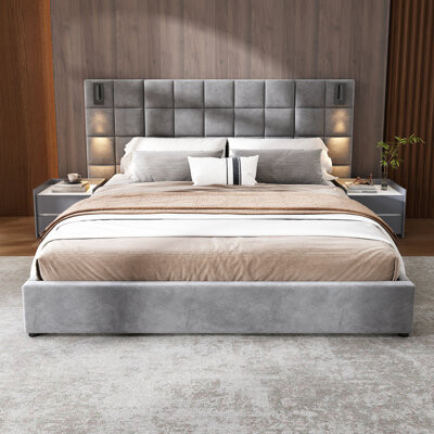 Upholstered Bed,With Reading Lamp And USB Port, Wide Headboard