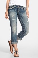 Thumbnail for your product : Silver Jeans Co. 'Suki' Curvy Fit Distressed Cuffed Capri Jeans (Indigo)