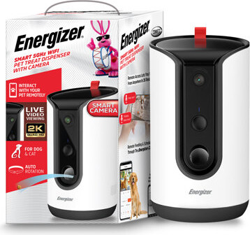 Energizer 2K Video Camera Pet Treater, 2-Way Audio, Night Vision, 5 Ghz & 2.4 Ghz Dual Band Wi-Fi, Motion Tracking