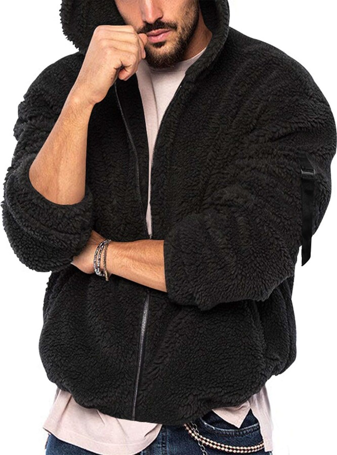Morydal Mens Fluffy Jackets Zip Hooded Sweatshirts Sherpa Fleece Loose Fuzzy  Hoodie Coat Outerwear Black L - ShopStyle