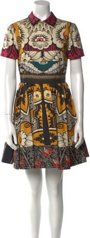 Valentino Silk A-Line Dress Black Printed Ruffle Embellishment Short Sleeve with Collar Concealed Zip Closure at Back Designer
