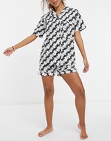 Thumbnail for your product : Daisy Street short sleeve shirt and shorts pyjama set with scrunchie in yin yang print