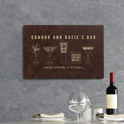 CPS Cocktail Glasses Brown Leather Canvas Bar Sign 12x18