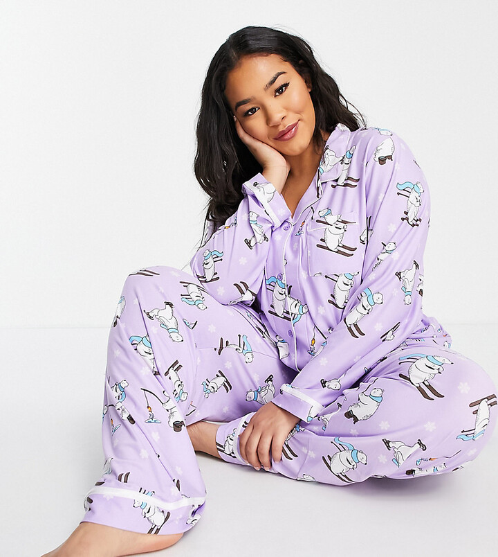 Loungeable Plus skiing polar bear pajama set in lilac - ShopStyle