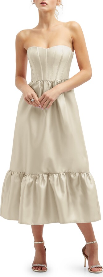 Dessy Collection Corset Ruffle Hem Strapless Satin Midi Dress