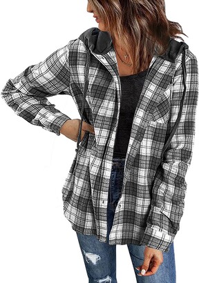 Souactimuy Women's Plaid Flannel Hood Shirt Pocket Long Sleeve Button Down Blouse Tops Hoodie Jacket 