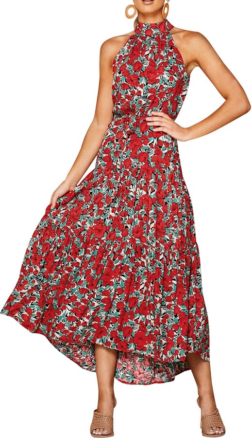Eledobby Women Dress V Neck Sleeveless Embroidery Spaghetti Strap Long Summer Maxi Boho Floral Print Skirt Sundress