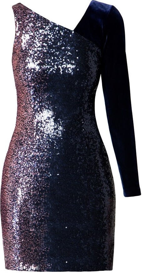 Rumour London Pink / Purple / Blue Coco Mini Asymmetrical Sequined Ombré Dress With Velvet Sleeve