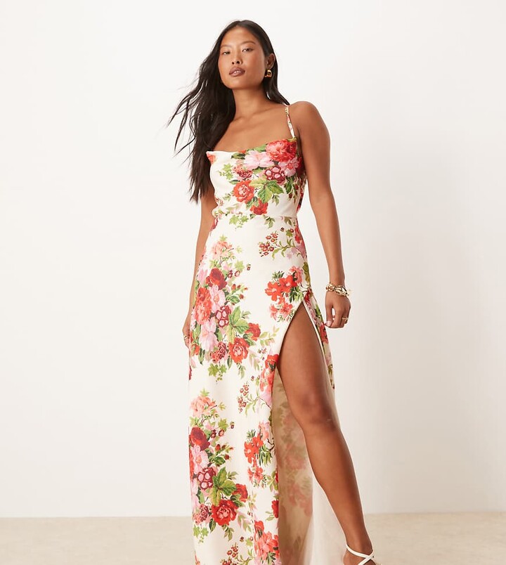 Hope & Ivy Petite cowl neck cross back maxi dress with thigh slit in white red floral