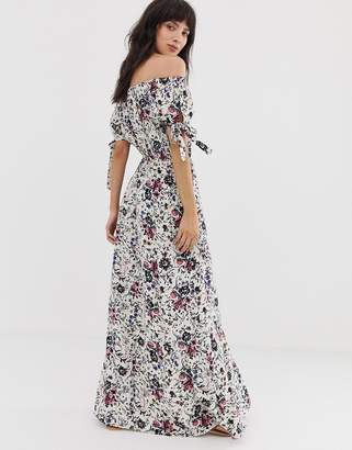 Band of Gypsies off shoulder maxi dress with tie sleeves in white floral print