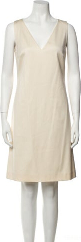 Rene Lezard Wool Shift Dress Neutrals Sleeveless with V-Neck Concealed Zip Closure at Back